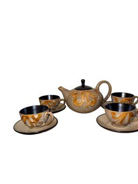 Pier 1 Kioko Stoneware Teapot & 4 Cup Saucer Set Hand-Painted Floral Dishwasher